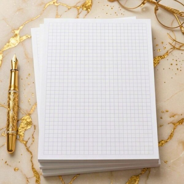 Notes biurowy w kratkę A4 100 kartek 90g Interdruk leżący na biurku z długopisem Notes A5 w kratkę 50 kartek 90g/m² z podkładką 290g