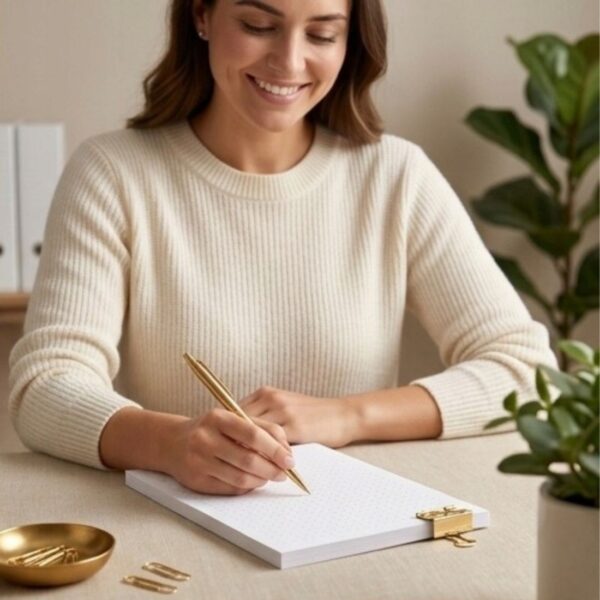 Minimalistyczny notes dot grid A4 100 kartek 90g w centralnym kadrze na jasnym tle studyjnym Minimalistyczny notes dot grid A4 100 kartek 90g w centralnym kadrze na jasnym tle studyjnym
