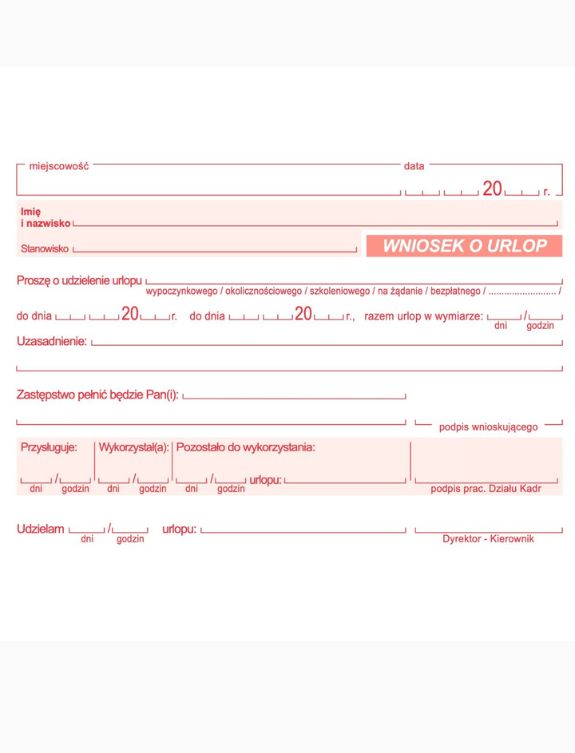 druk wniosek urlopowy format a6 blok do kadr i plac